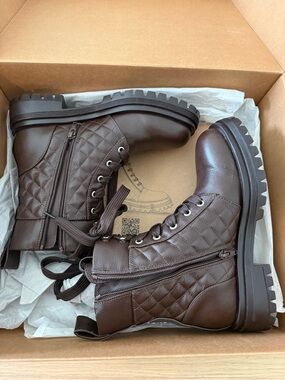 MARELLA Quilted Lace-Up Combat Boots in Dark Brown